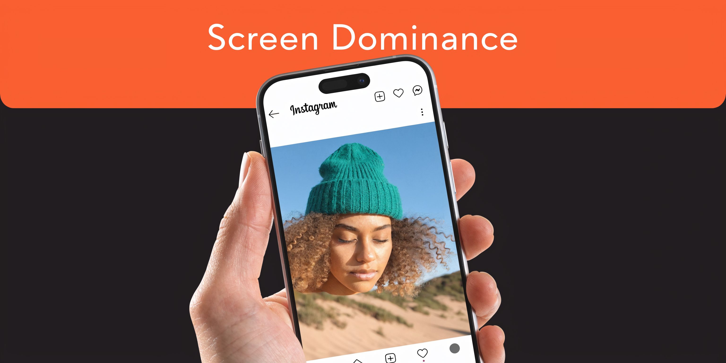 A hand holding a smartphone displaying an Instagram portrait image of a person wearing a green beanie.