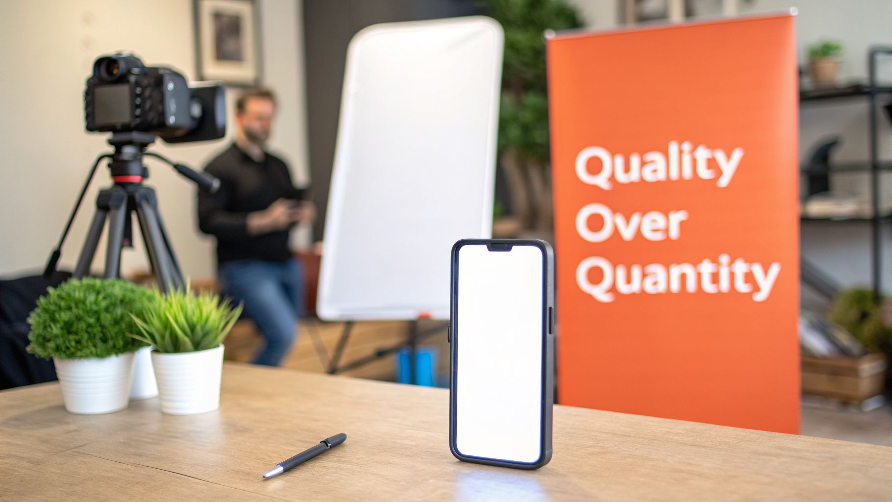 A smartphone mockup stands on a wooden table with plants, camera, and a blurred person in the background.