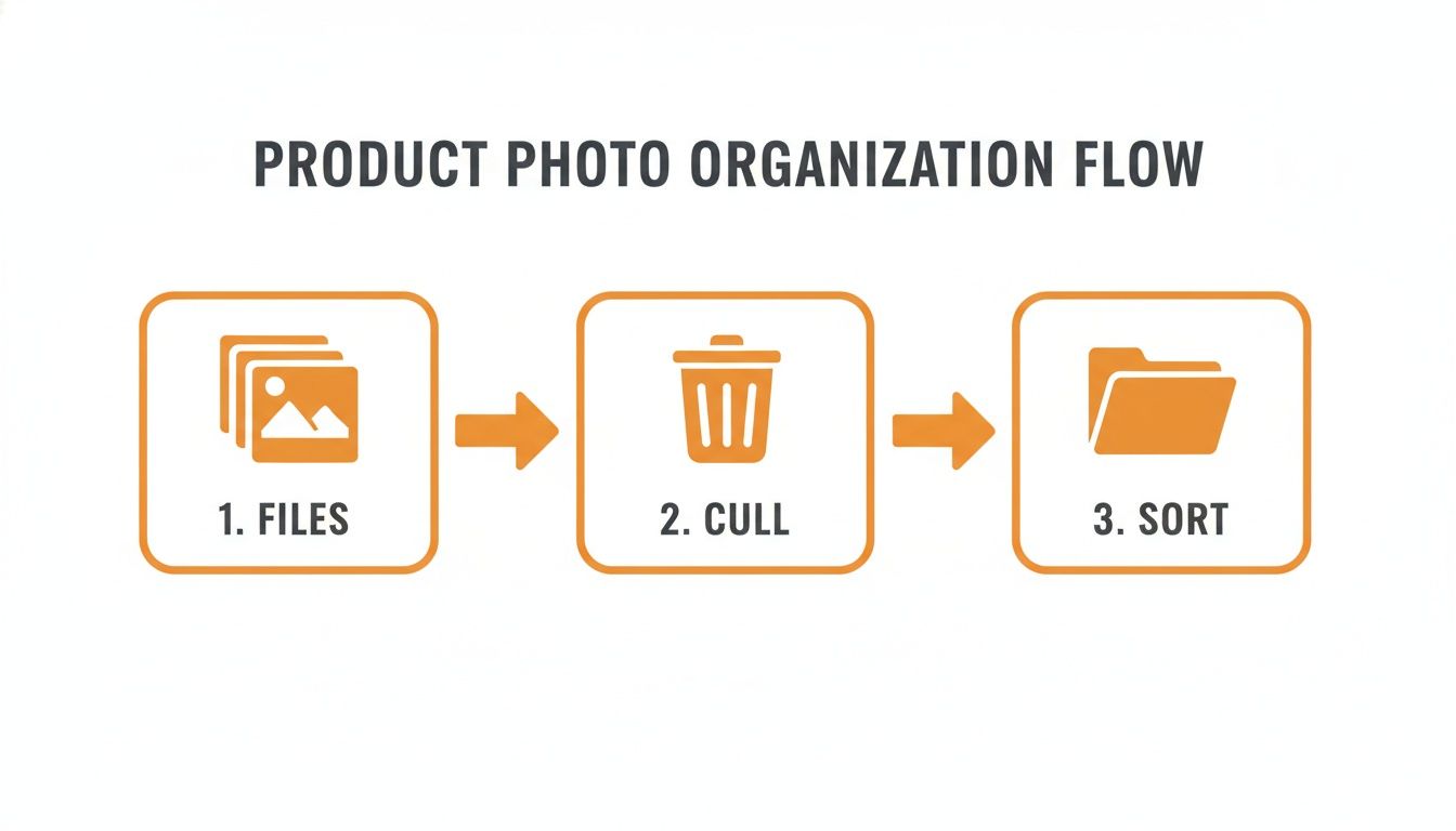 A visual guide detailing the three steps for product photo organization: files, cull, sort.