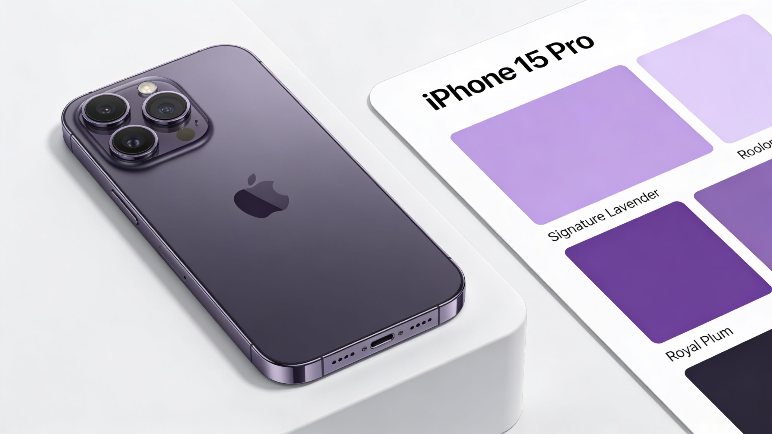 A purple iPhone 15 Pro displayed on a white stand next to a color palette swatch.
