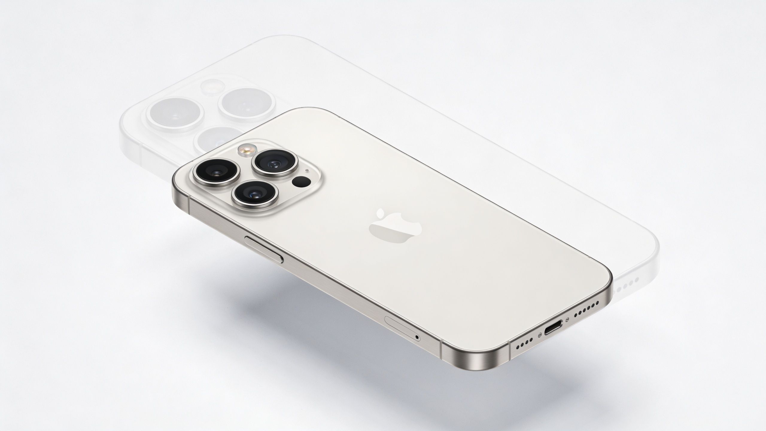 A high-quality 3D render of a silver iPhone 15 Pro floating against a clean white background.