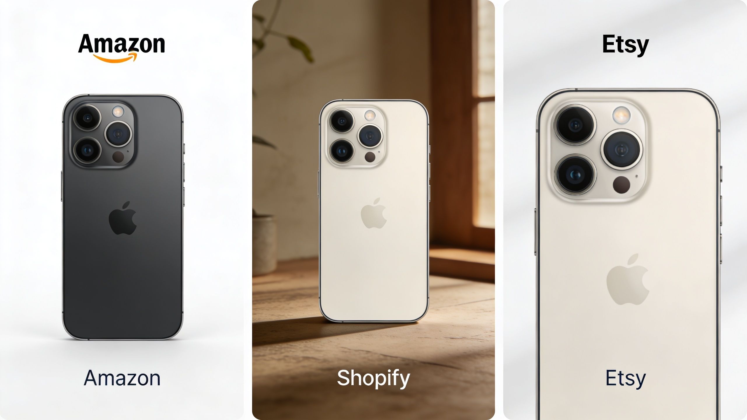 A side-by-side comparison of iPhone product photography styles for Amazon, Shopify, and Etsy marketplaces.