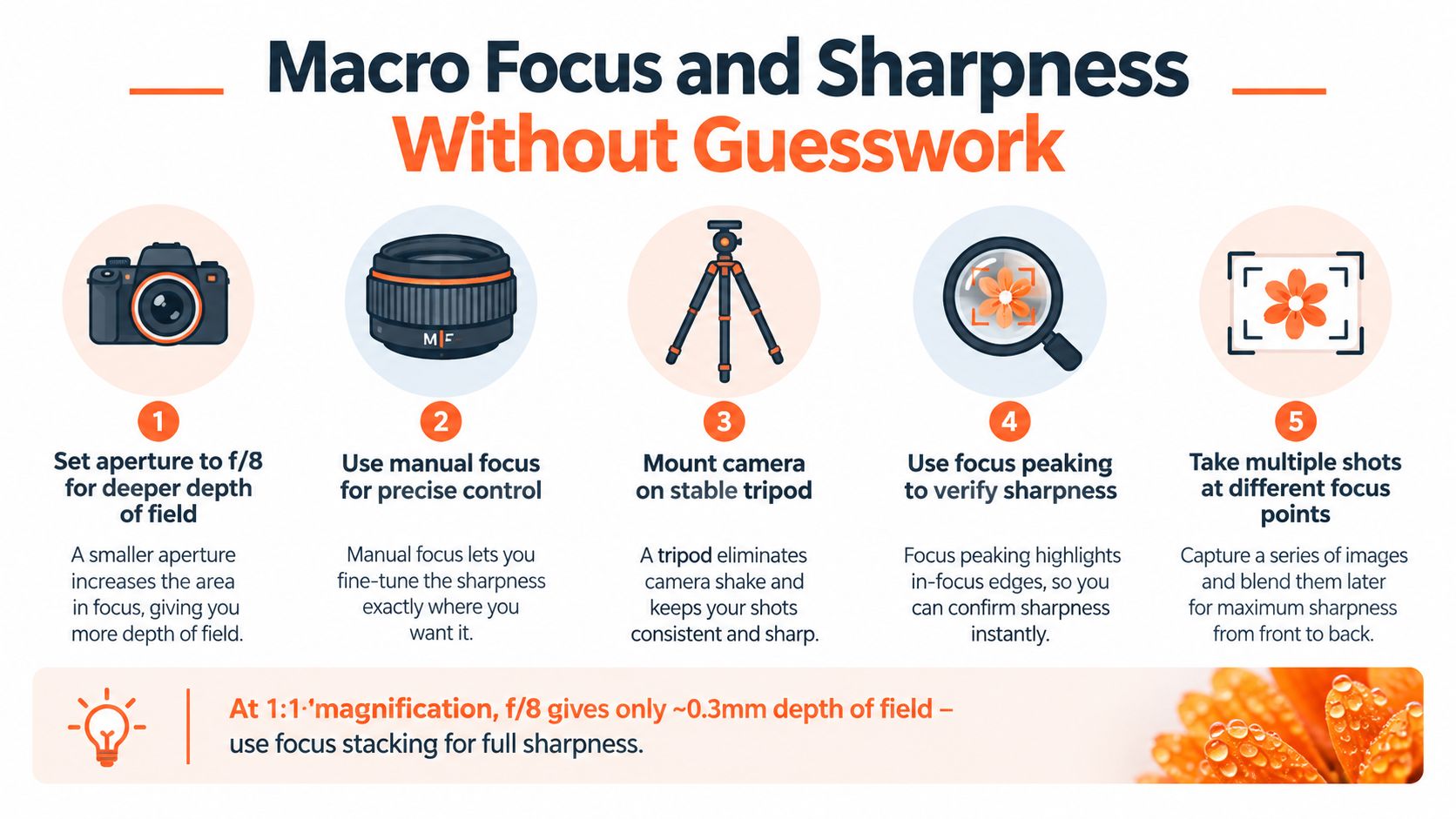 A five-step infographic illustrating techniques for achieving sharp macro photography including aperture, focus, and stacking methods.