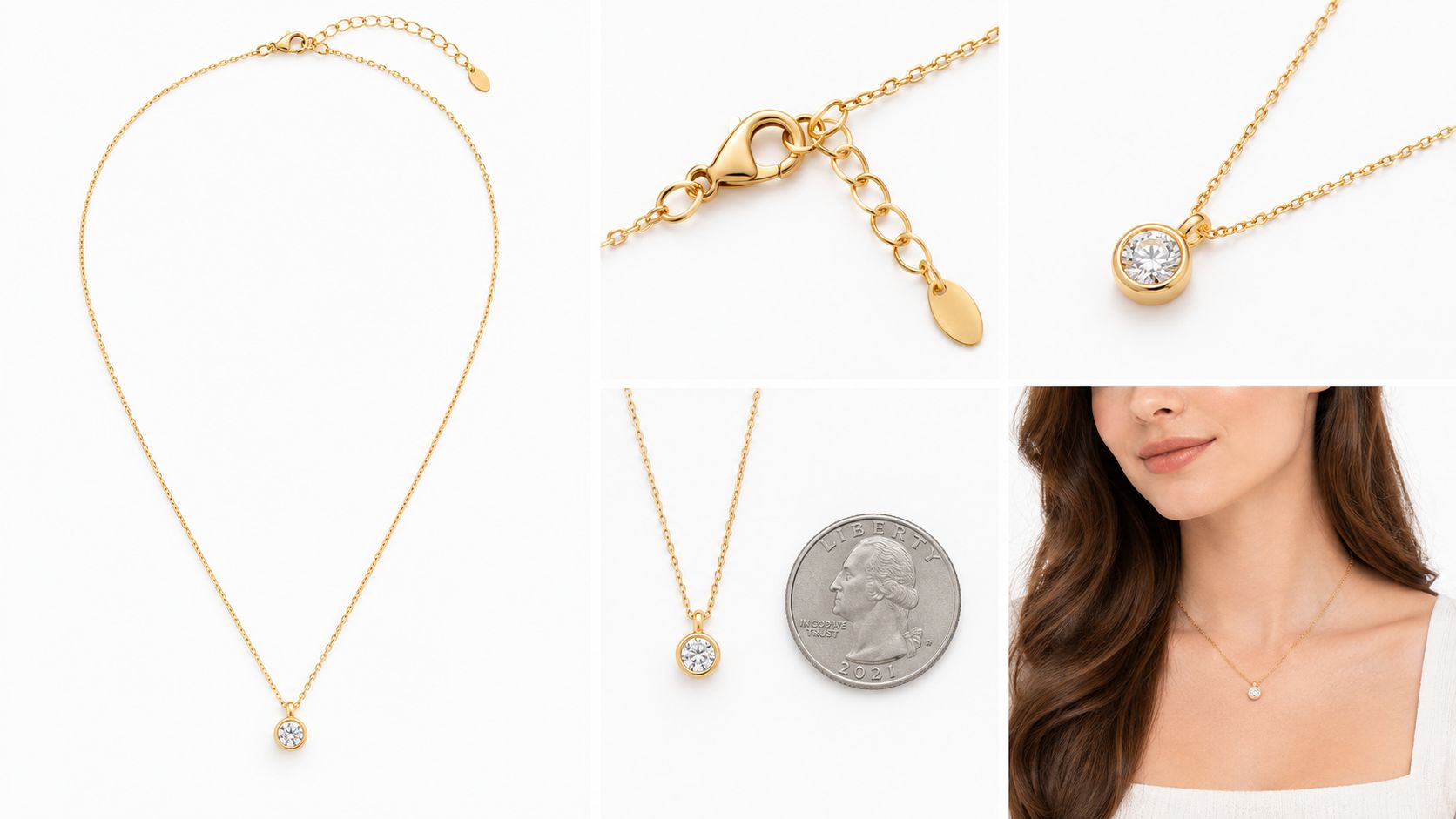 A delicate gold pendant necklace featuring a round brilliant cut diamond displayed on a white background.