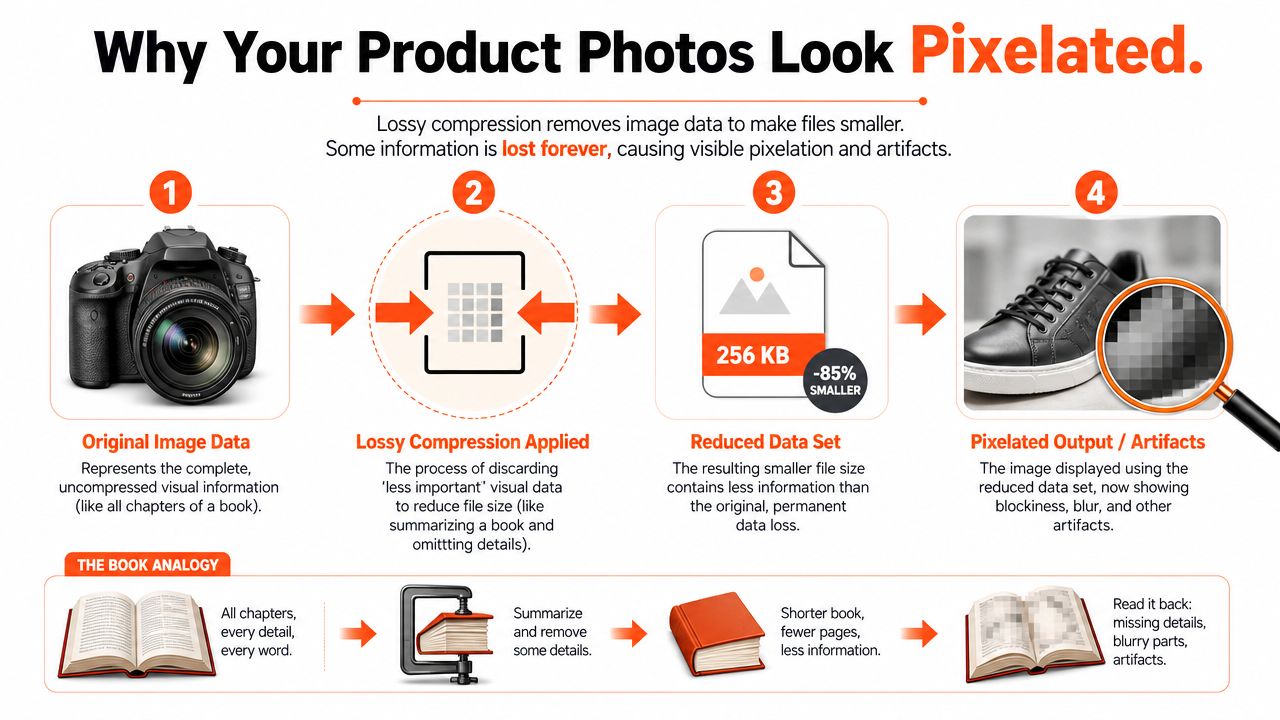 A diagram explaining how lossy compression removes data to create pixelated product photos, using a book analogy.
