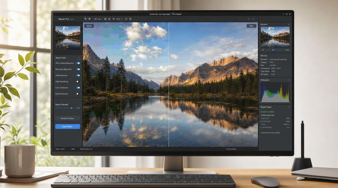A computer monitor displaying photo editing software repairing a landscape image with JPEG compression artifacts.