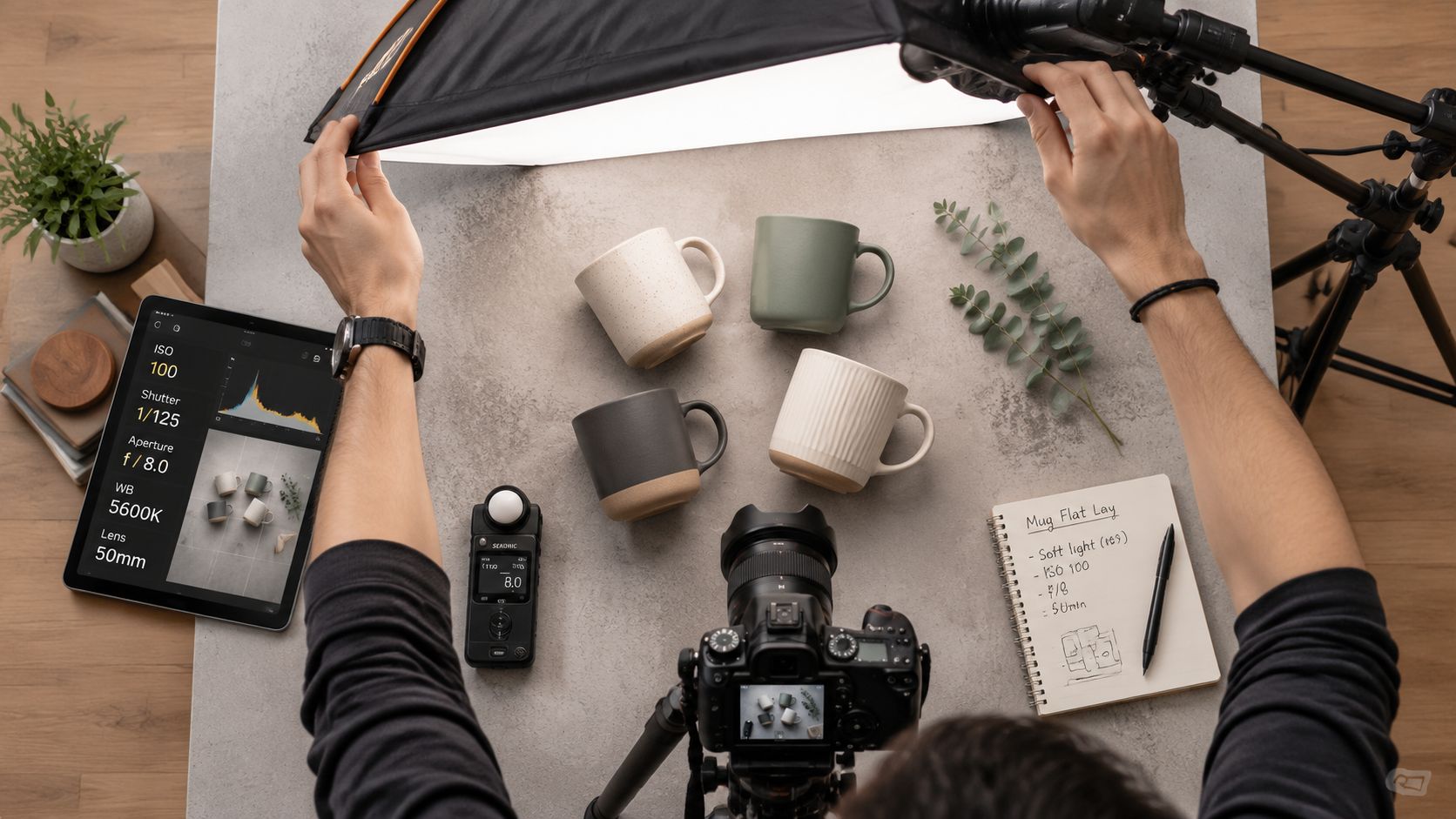 A photographer arranging a flat lay setup of ceramic mugs with studio lighting, camera, and exposure settings displayed.