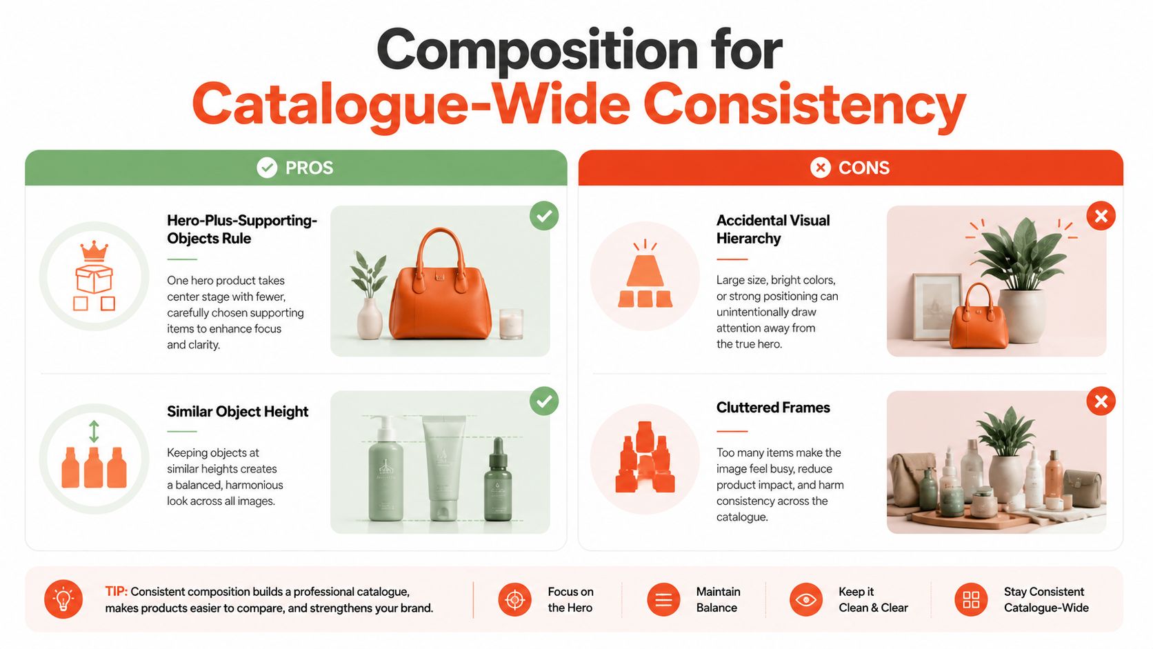 A visual guide illustrating pros and cons of product photography composition to ensure catalogue-wide consistency.