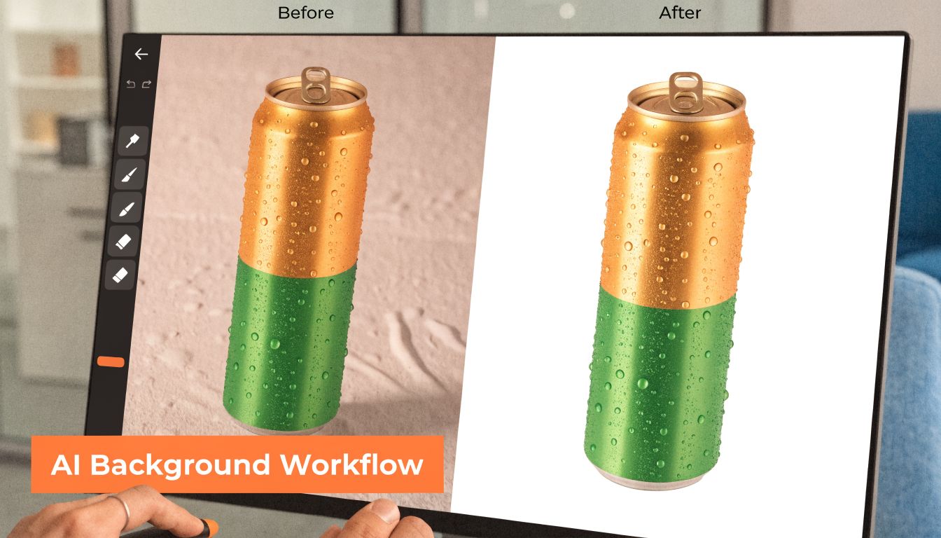 A digital screen showing a before and after comparison of an AI background removal process on a drink can.