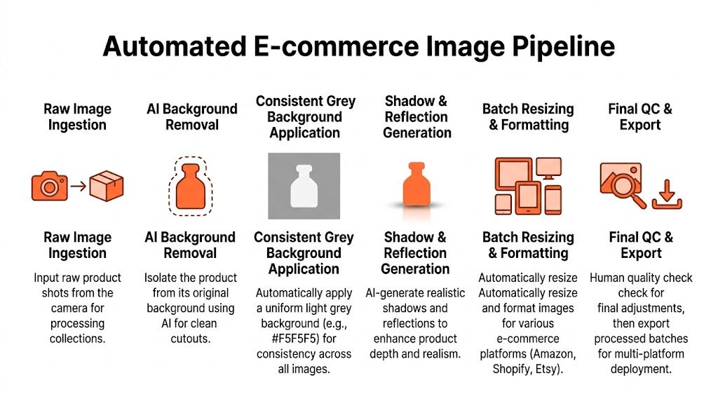 A diagram illustrating an automated e-commerce image processing pipeline from raw ingestion to final quality control.