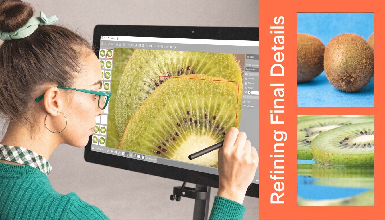 A graphic designer editing high-resolution kiwi fruit images on a digital drawing screen in a bright studio.