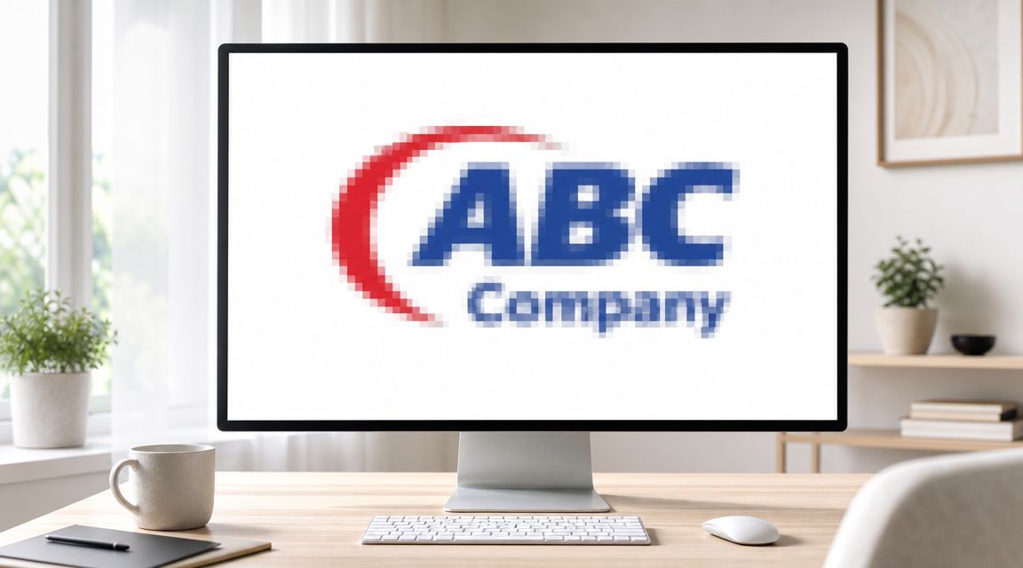 A computer monitor on a wooden desk displaying the ABC Company logo on a white screen.