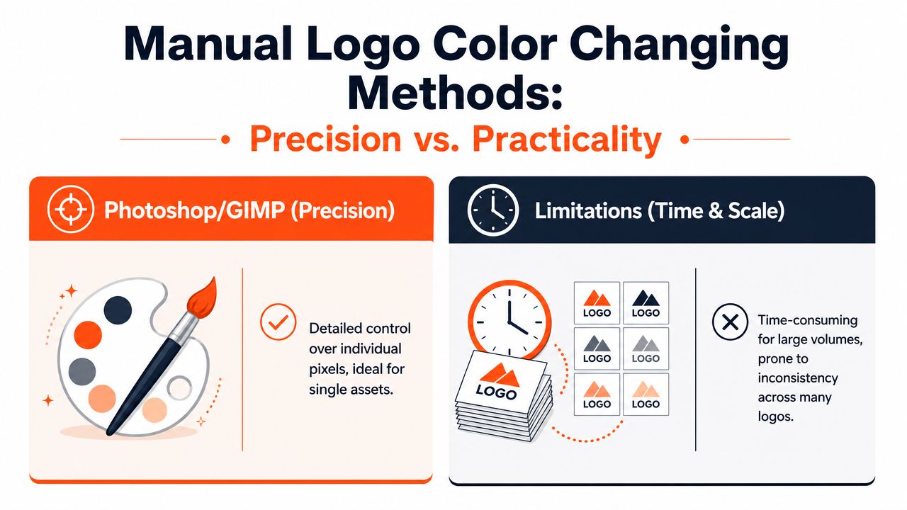 A comparison chart showing that Photoshop and GIMP provide manual logo precision but are slow at scale.