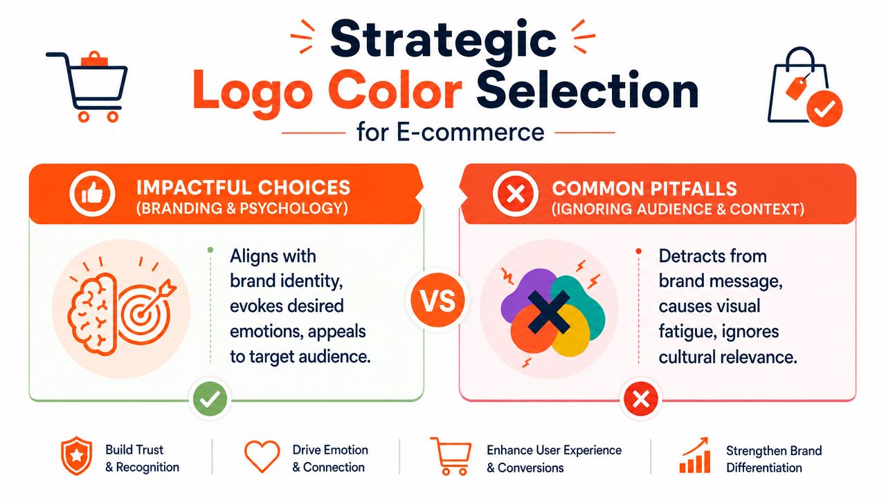 An infographic comparing impactful choices versus common pitfalls when selecting strategic logo colors for e-commerce brands.