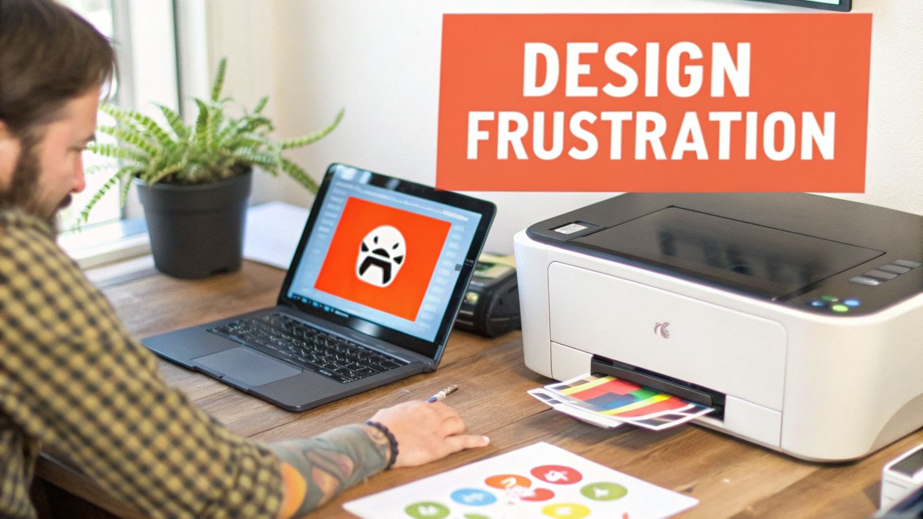 A designer prints colorful stickers and looks at a logo design on a laptop, with a "DESIGN FRUSTRATION" banner.