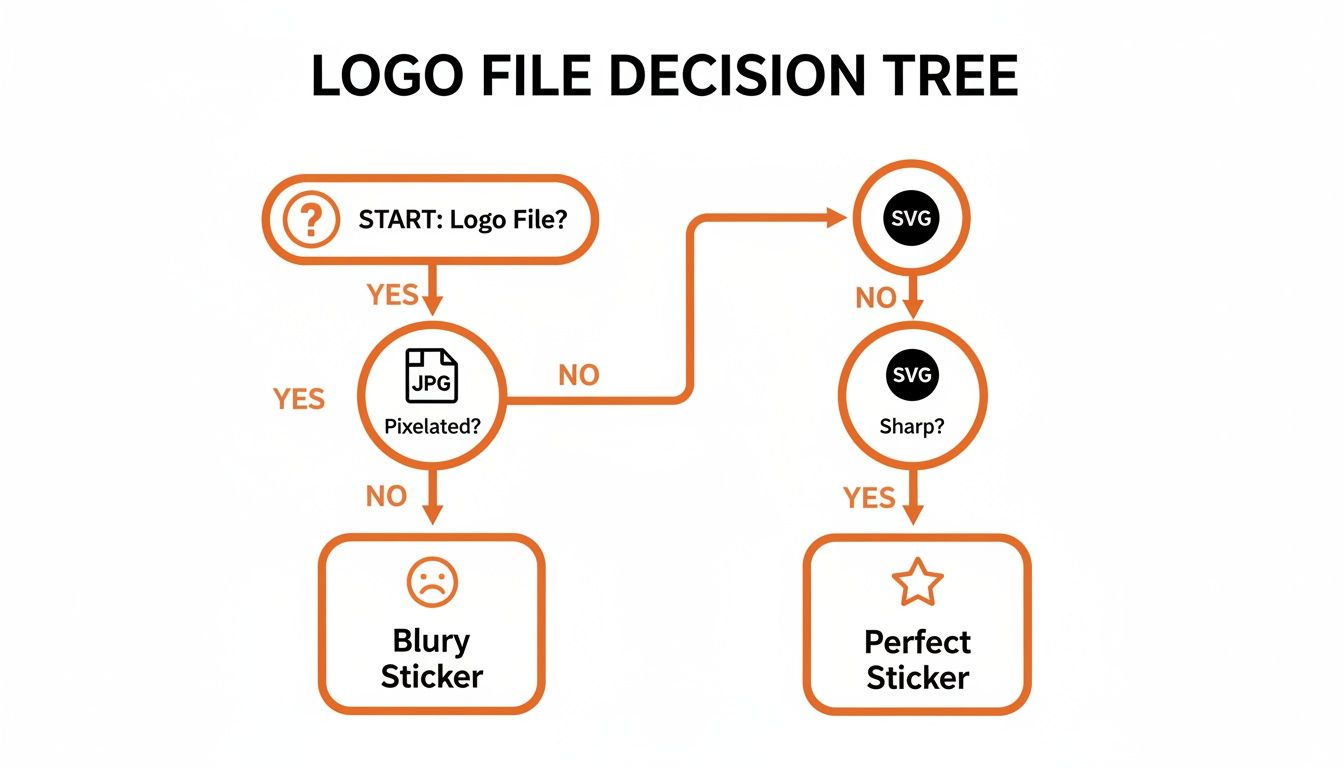 Logo file decision tree flowchart: JPG files yield blurry stickers, while sharp SVG files create perfect stickers.