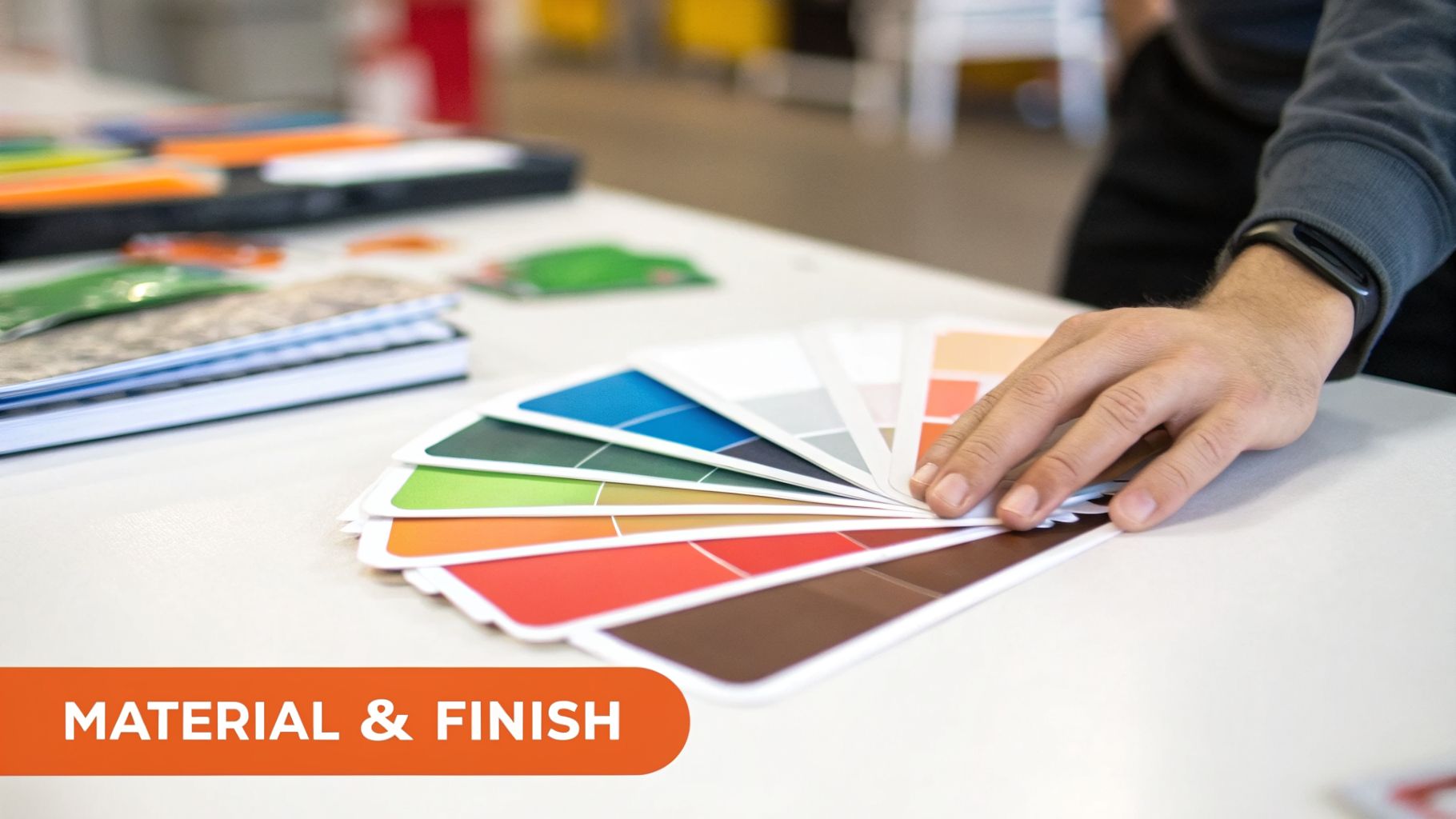 A person's hand selects a color from a fan deck of material and finish samples.
