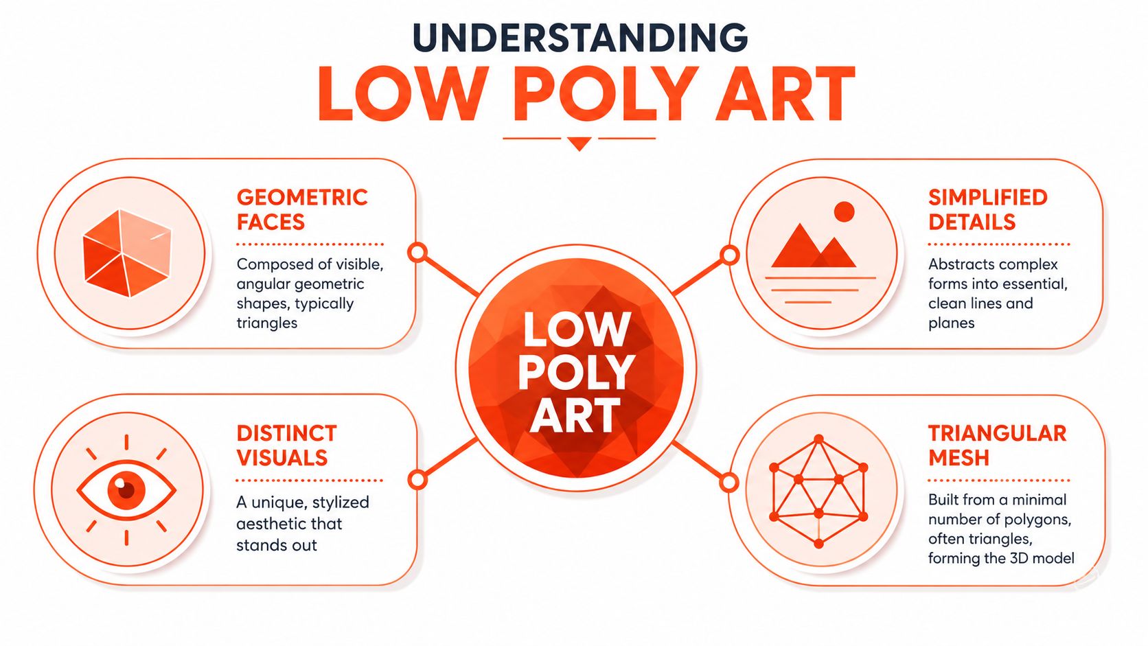 An infographic titled Understanding Low Poly Art, explaining its core characteristics through four key design concepts.