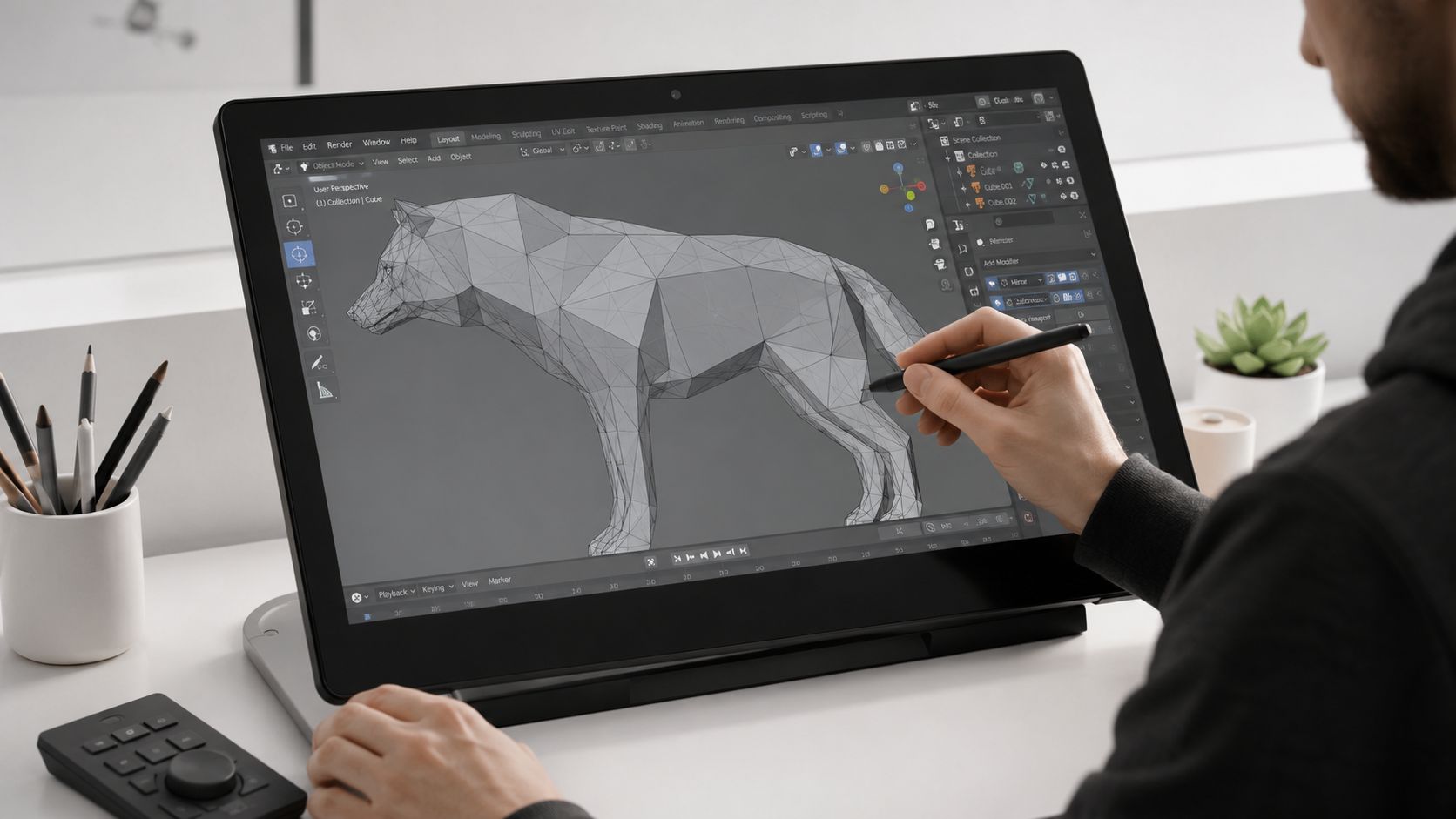A digital artist uses a stylus on a touchscreen monitor to model a wolf in low poly art.