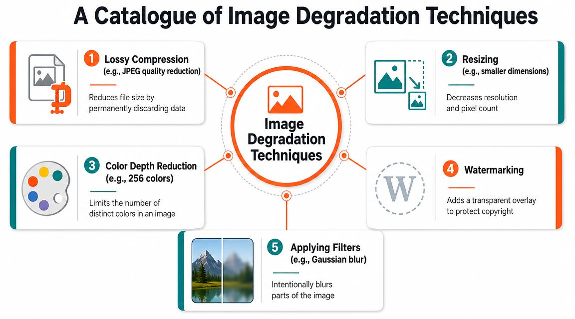 A diagram illustrating five common digital image degradation techniques including compression, resizing, color reduction, watermarking, and filtering.