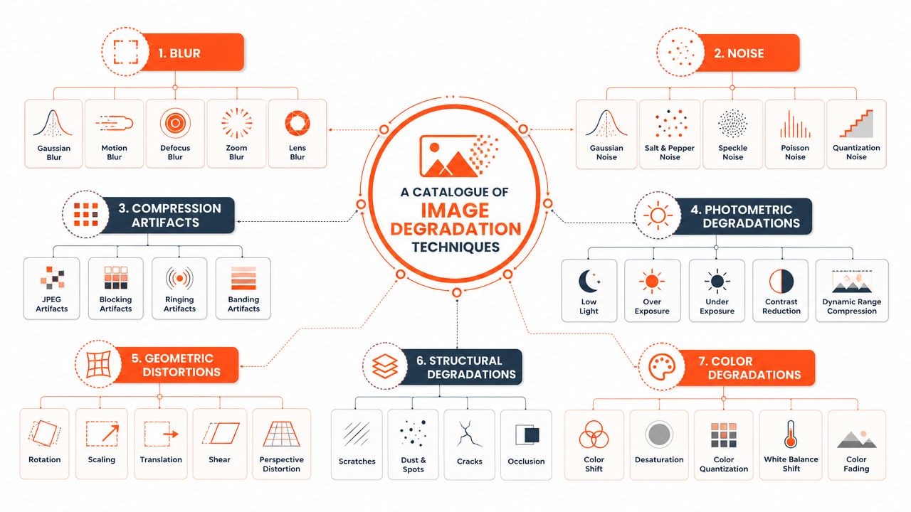 A comprehensive infographic cataloging various image degradation techniques, including blur, noise, geometric distortions, and color changes.