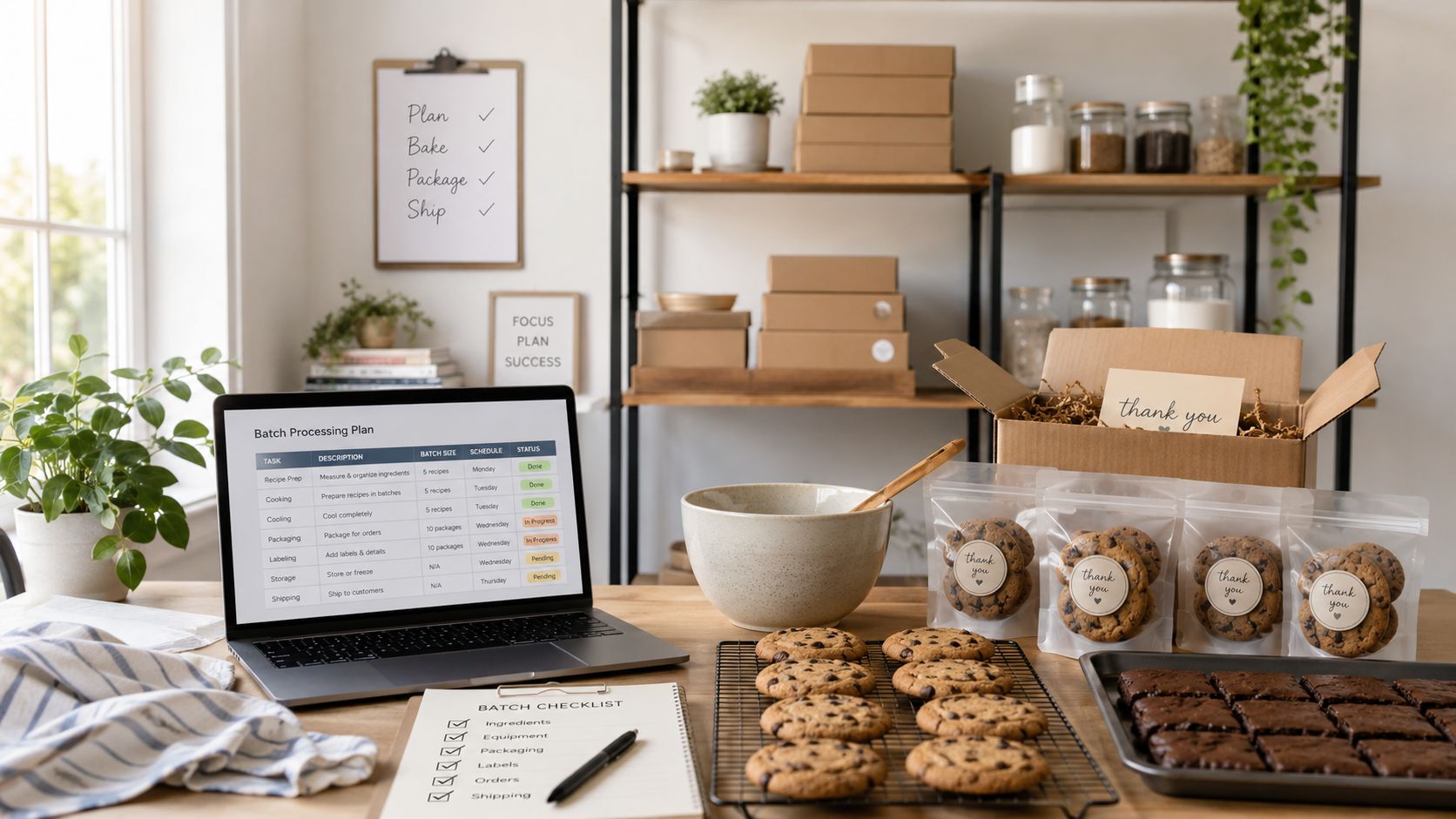 A workspace setup with a laptop showing a batch processing plan for small business cookie packaging.