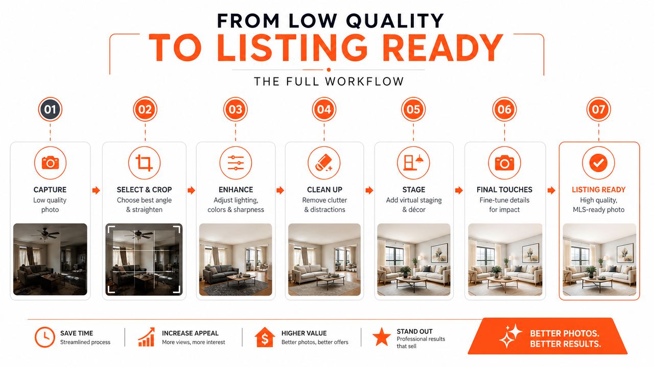 A seven-step workflow infographic showing the process of turning low-quality house photos into professional listing-ready images.
