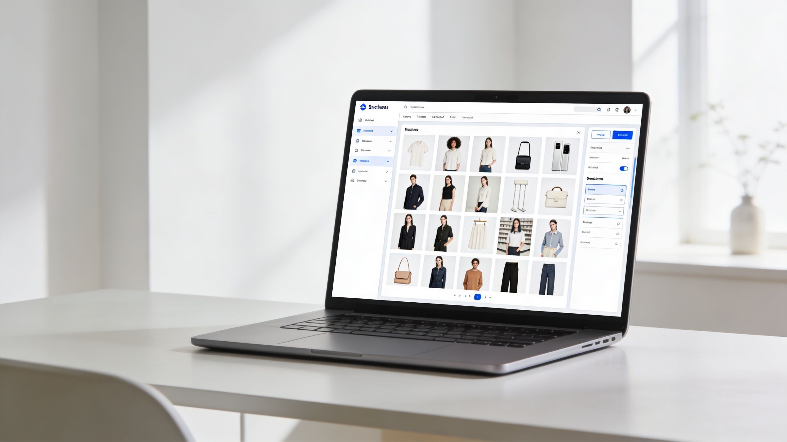 A modern laptop displaying a professional fashion ecommerce management dashboard with product images on a white table.