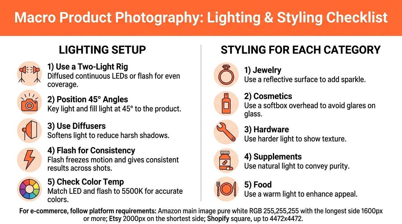 A checklist infographic detailing lighting and styling techniques for professional macro product photography for e-commerce platforms.