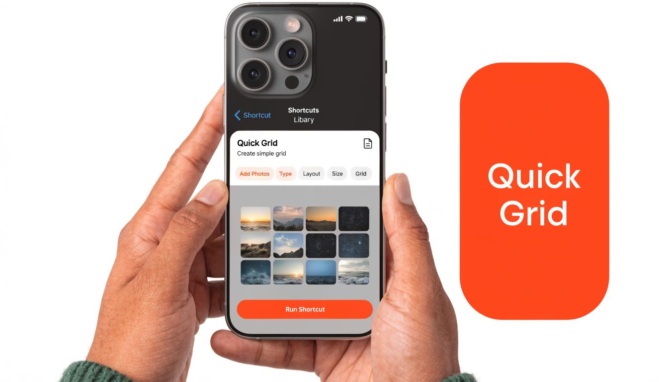 A person holding an iPhone displaying the Quick Grid app interface for creating photo collages easily.