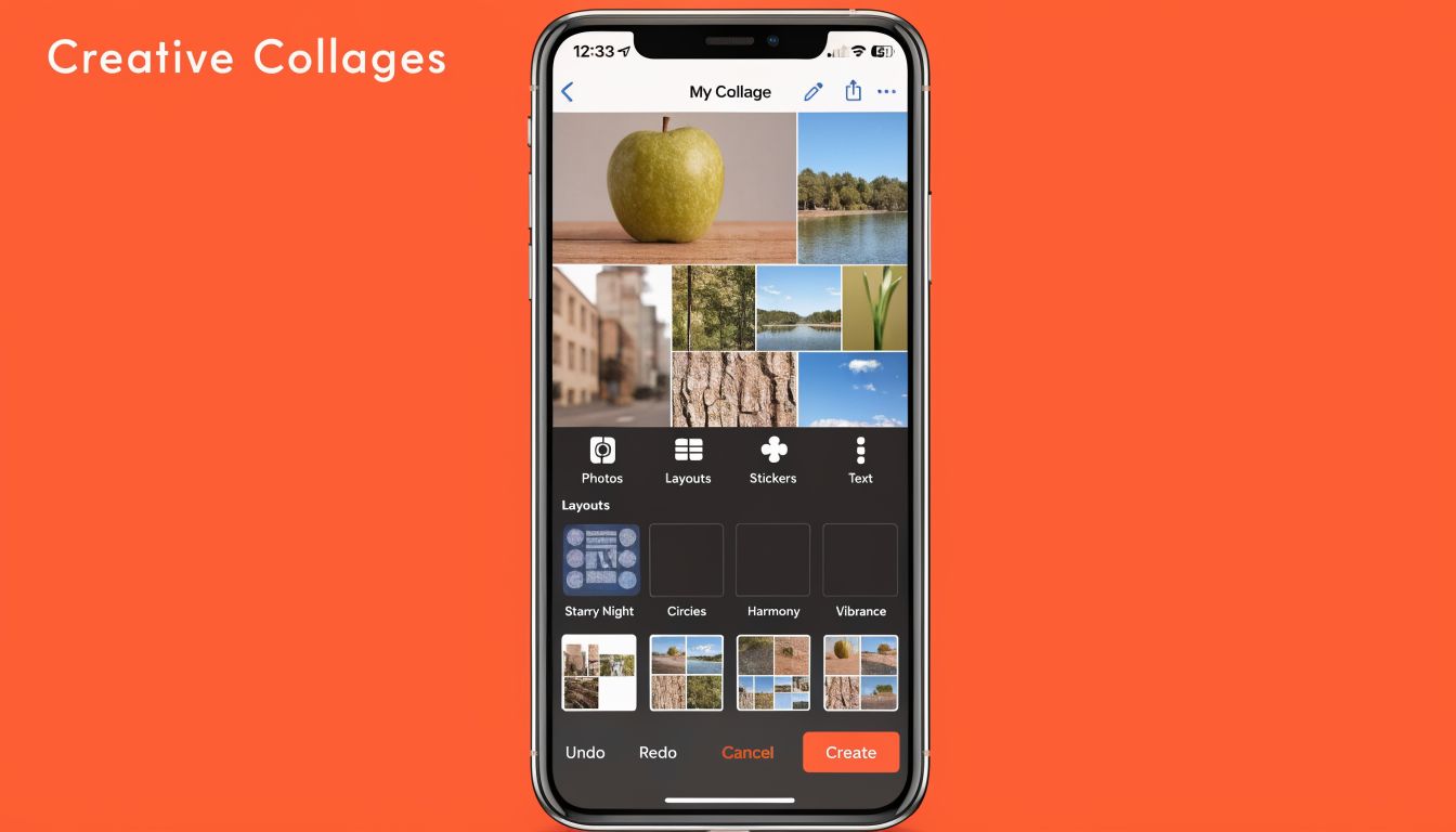 A smartphone display showing a collage creation app interface with various photo layout options and editing tools.