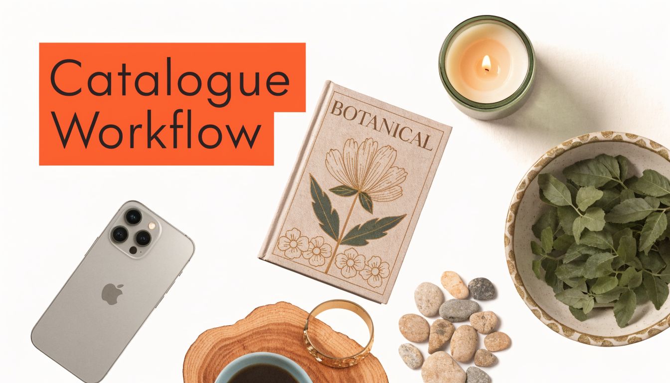 A flatlay composition featuring an iPhone, a botanical book, a candle, and a bowl of leaves.