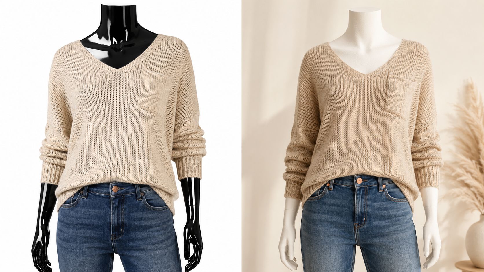 Two mannequins wearing beige v-neck knitted sweaters and blue denim jeans displayed side by side.