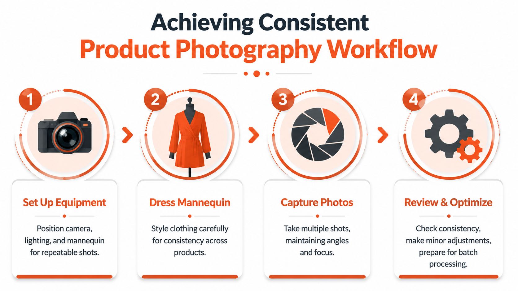 A workflow diagram showing four steps for consistent product photography featuring a camera, mannequin, shutter, and gears.