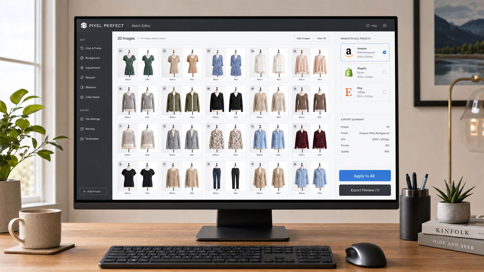 A computer screen showing image editing software with photos of various clothing items on mannequins displayed.