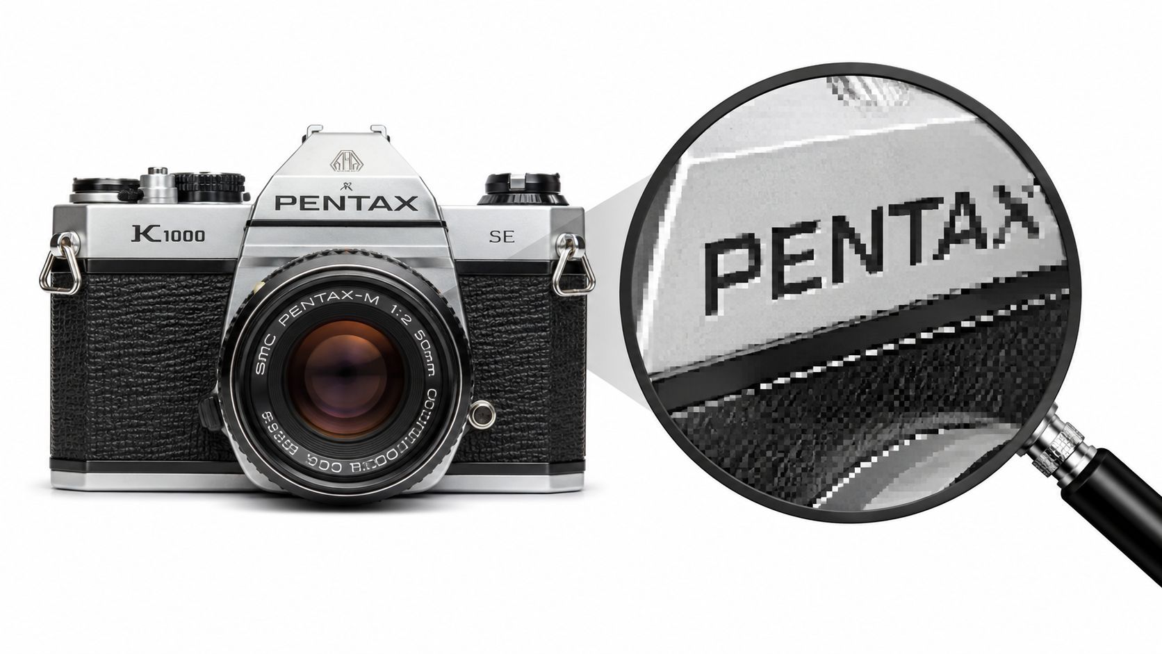 A Pentax K1000 film camera with a magnifying glass showing pixelated details of the brand logo.