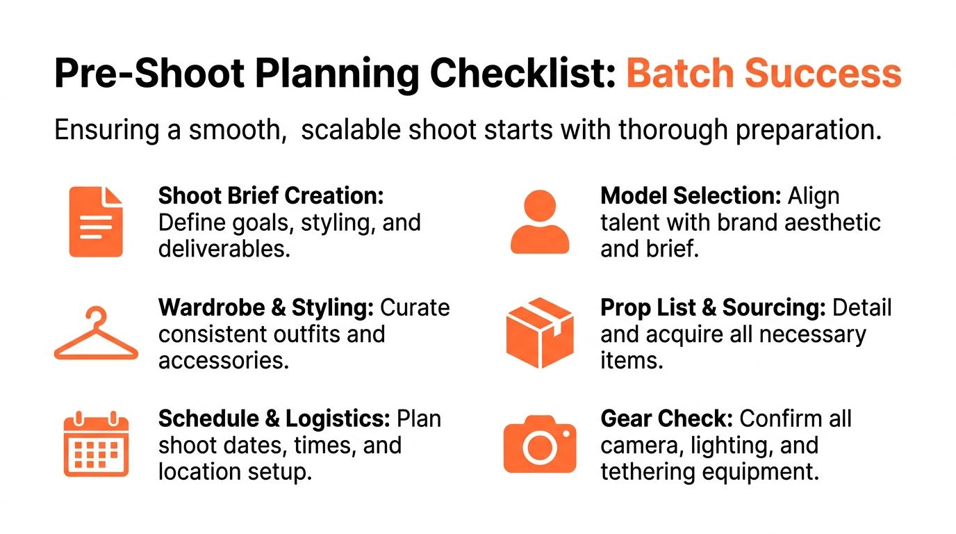 A checklist graphic outlining six essential steps for planning a successful professional photography batch shoot.