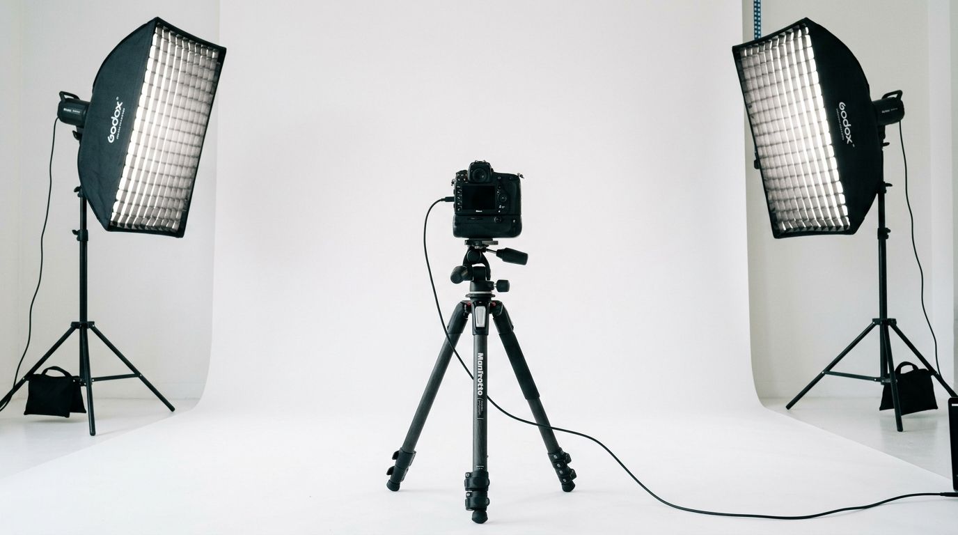 A professional photography studio setup featuring a camera on a tripod between two large softbox lights.