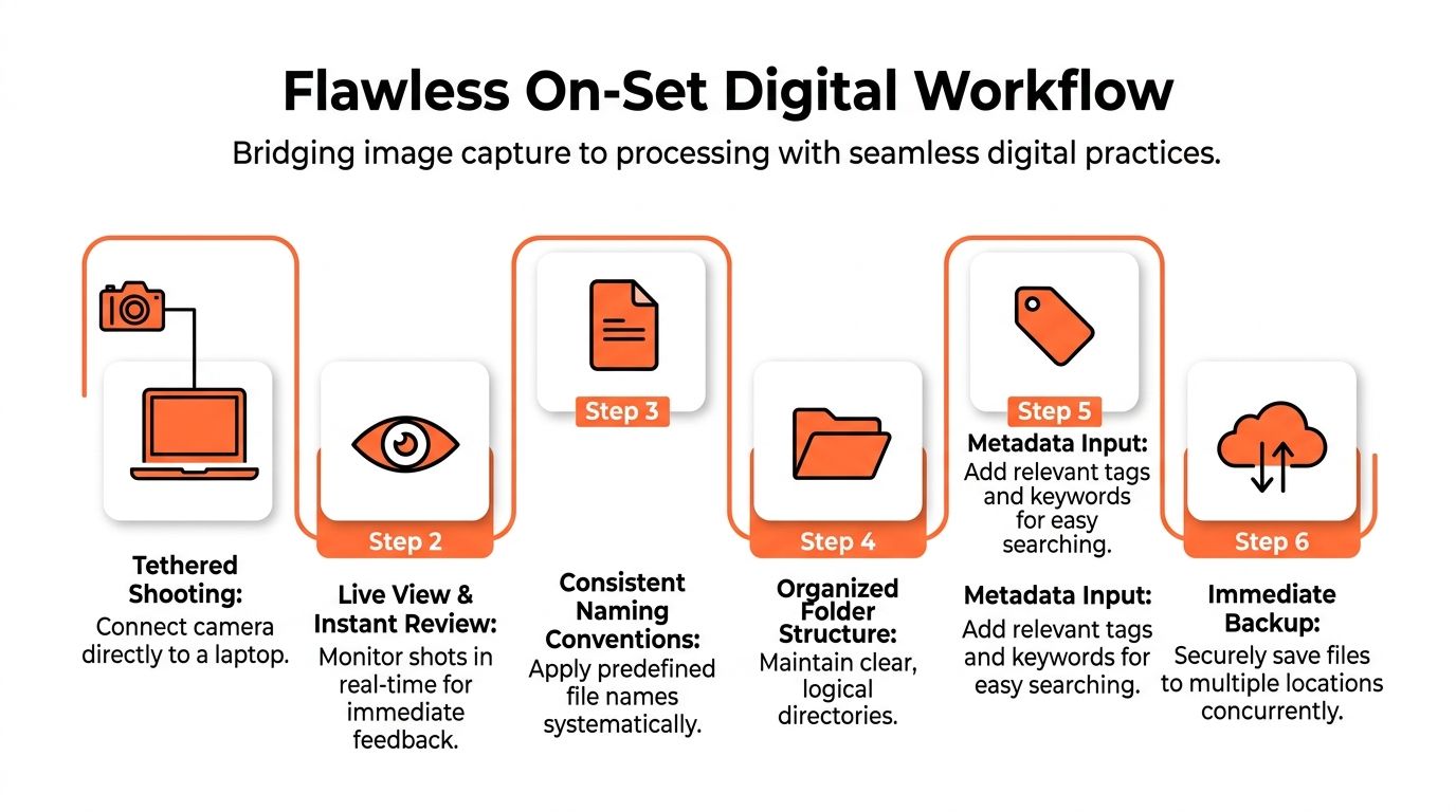 A diagram illustrating the six steps of a professional on-set digital photography workflow for efficient file management.