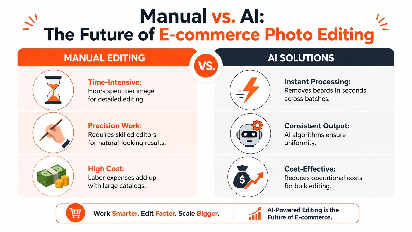 A comparison infographic highlighting the benefits of AI-powered photo editing over traditional manual editing for e-commerce businesses.