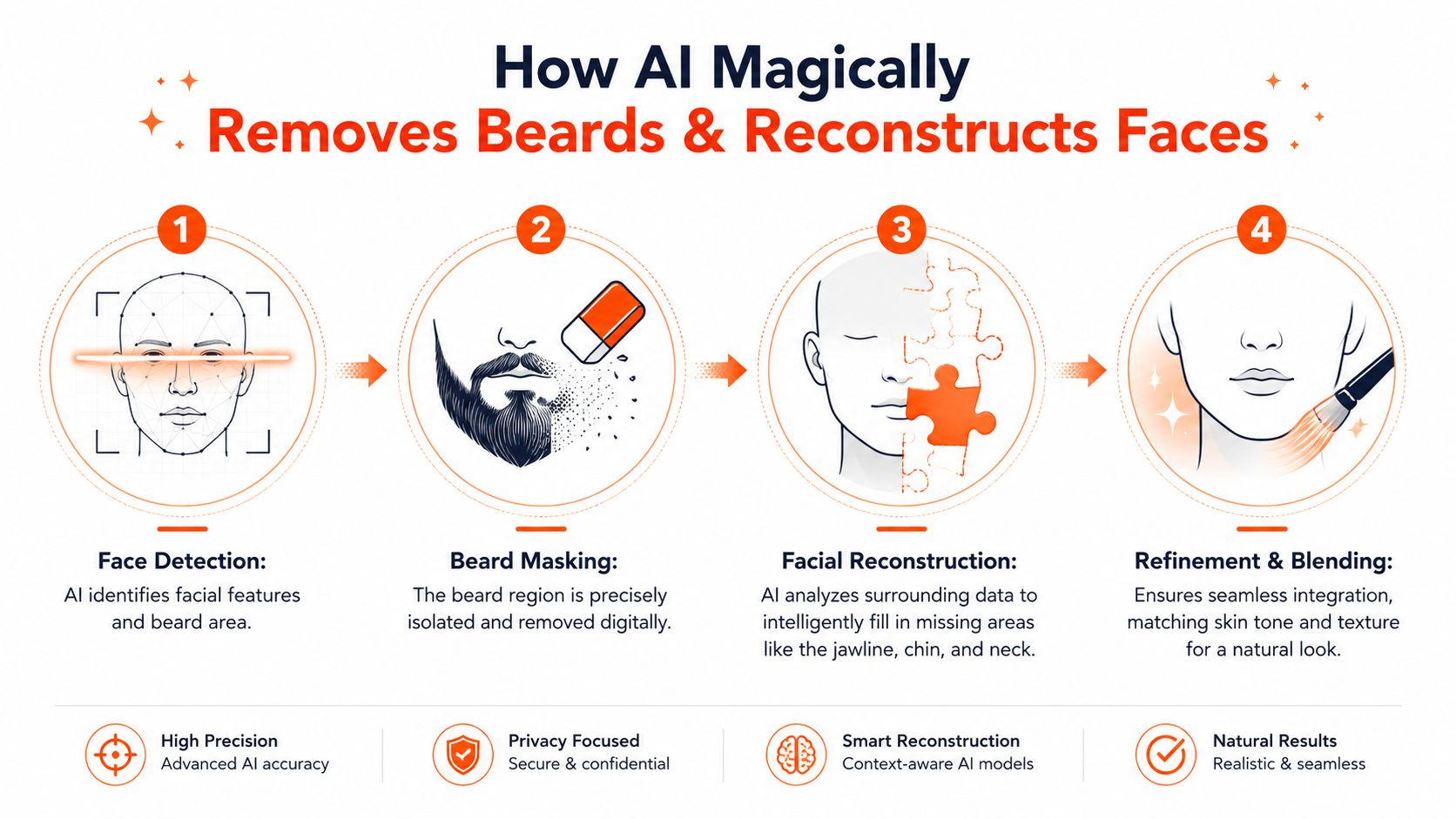 An infographic illustrating how artificial intelligence technology removes beards from faces through a four-step digital reconstruction process.