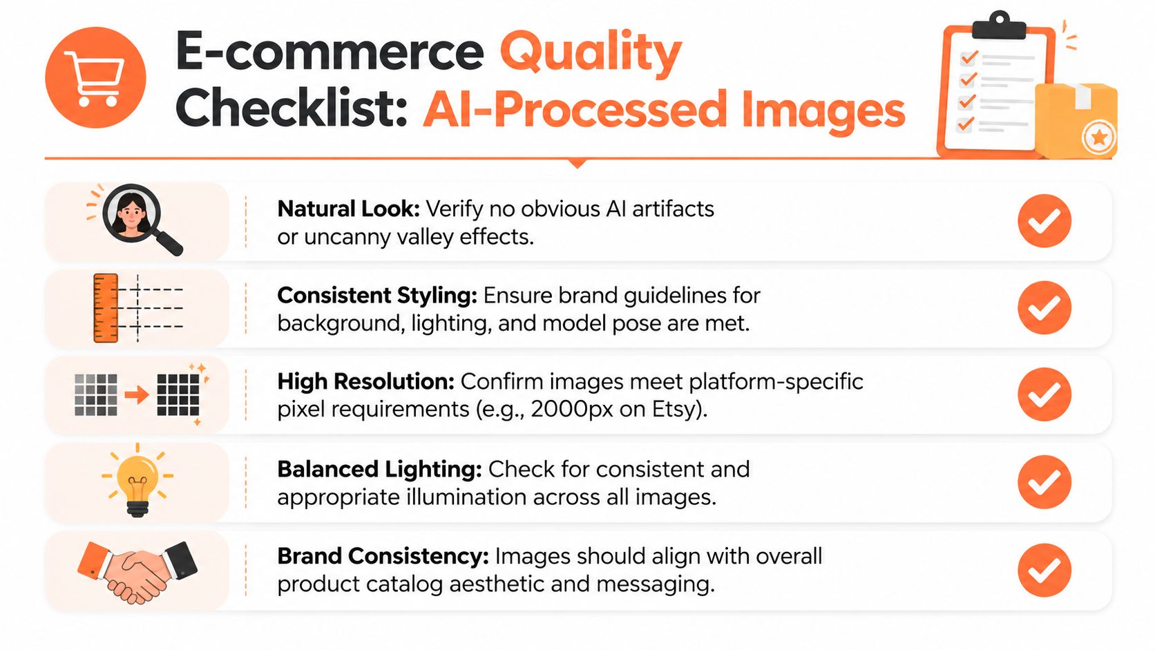 An infographic checklist for evaluating the quality of AI-generated images in e-commerce marketing.