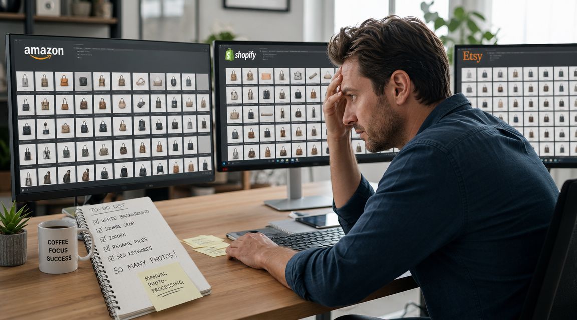 A stressed man working on multiple monitors while managing a large collection of handbag product photos.