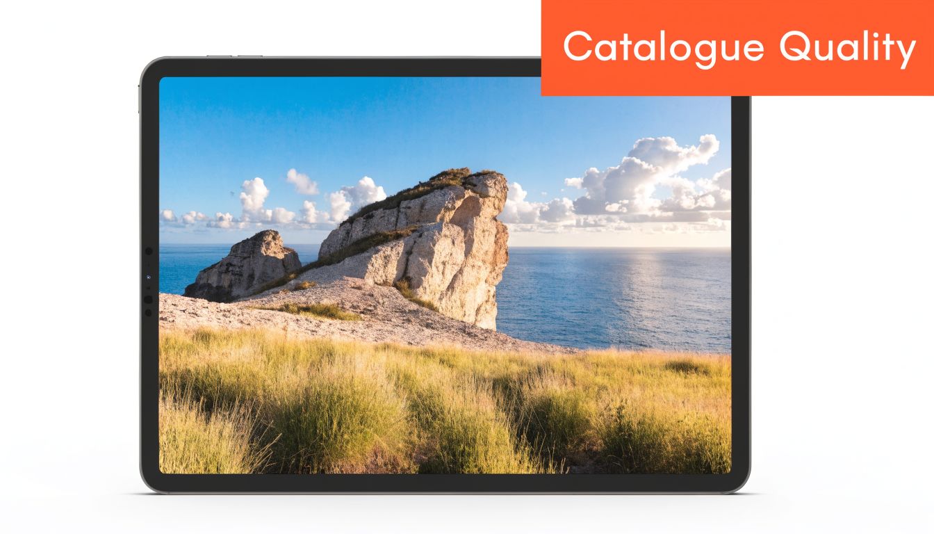 A modern tablet displaying a scenic landscape image featuring a rocky cliff overlooking the ocean