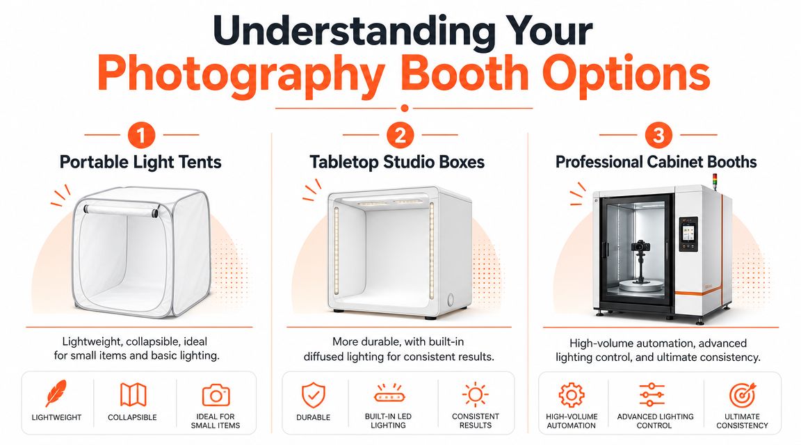 A comparison infographic showing three types of photography booths: portable light tents, tabletop studio boxes, and professional cabinet booths.