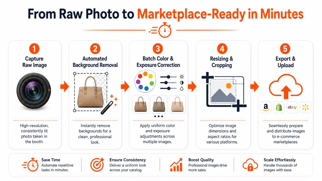A 5-step infographic showing the automated photography workflow from raw image to marketplace-ready e-commerce product photos.