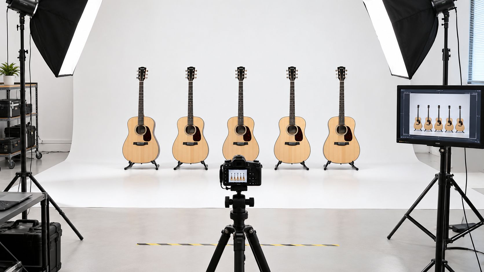 A professional photography studio setup features five identical acoustic guitars lined up for e-commerce product photos.