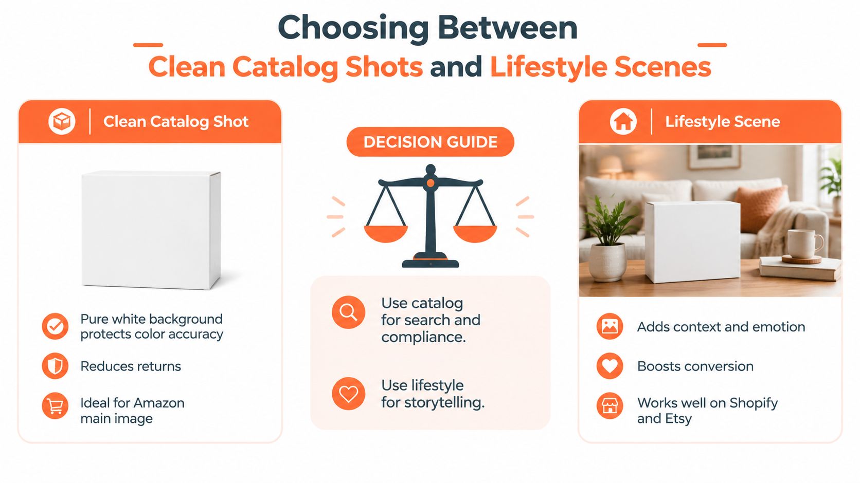 An infographic comparing clean catalog product photography against lifestyle product scenes for e-commerce website marketing strategies.