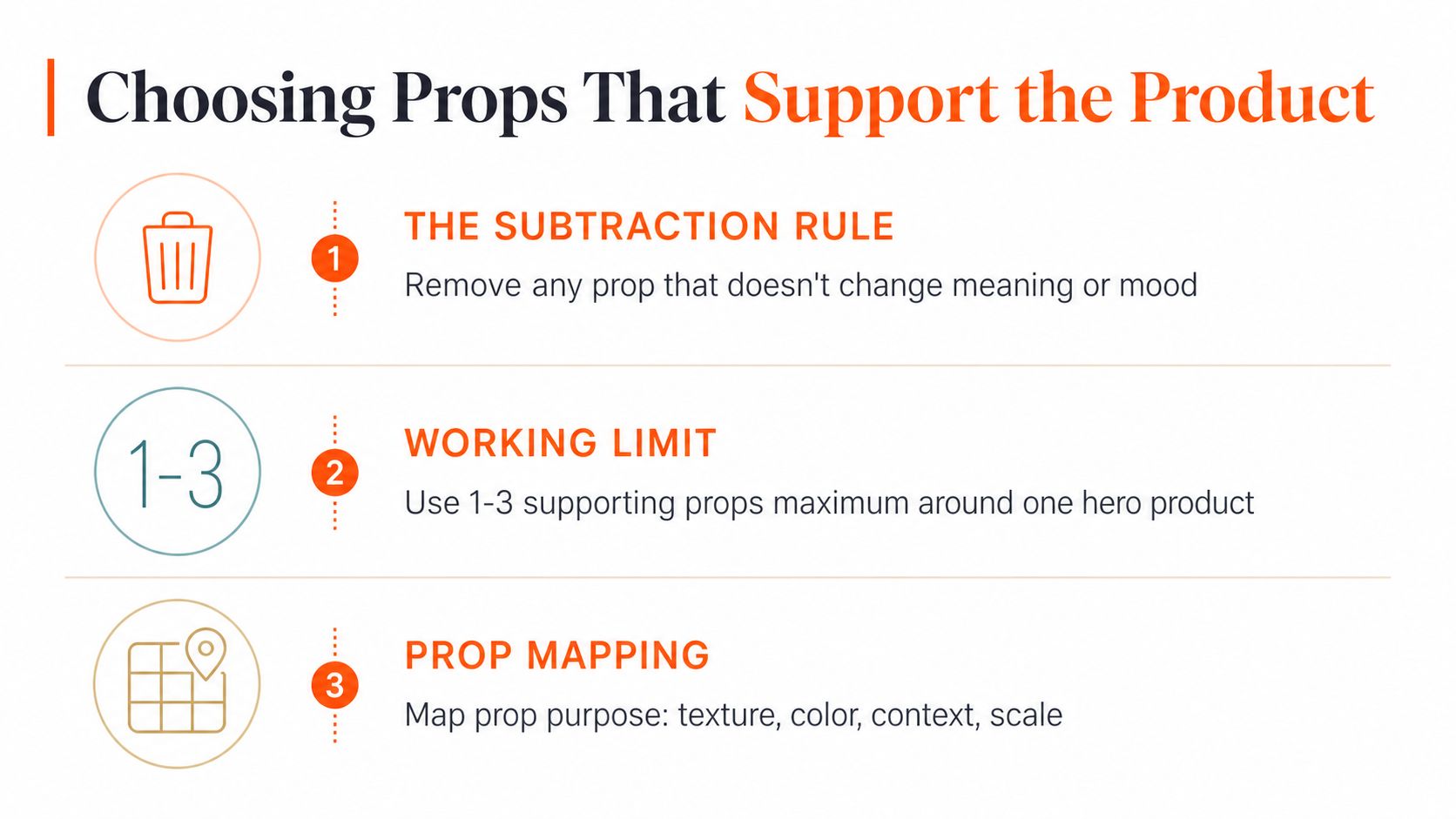 An infographic titled Choosing Props That Support the Product outlining three rules for product photography styling.