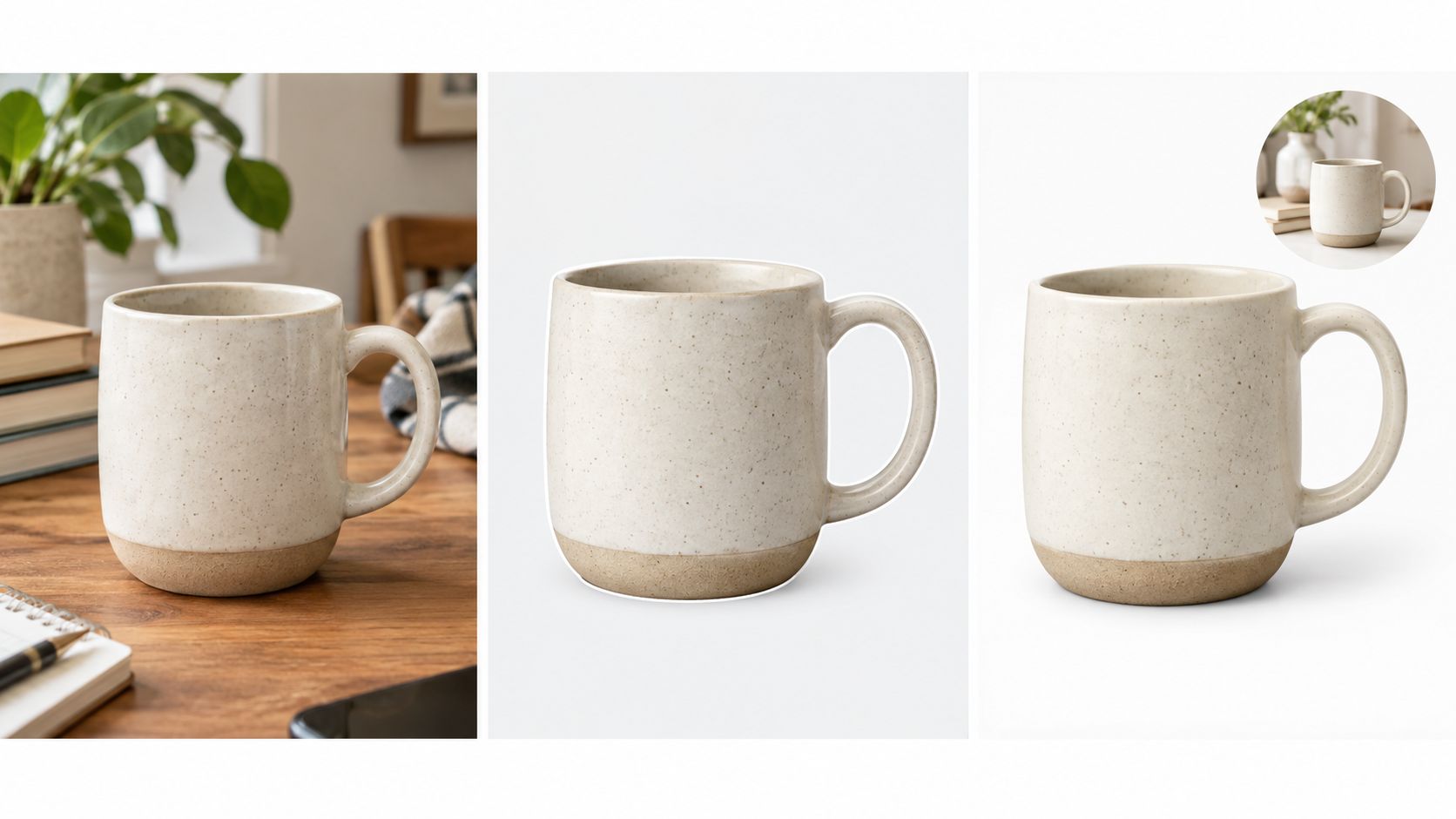 A minimalist cream-colored ceramic mug with a speckled texture and a natural unglazed base on a table.